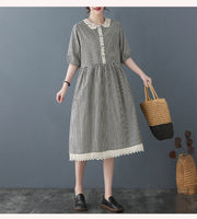 Summer Doll Collar Plaid Cotton Linen Dress