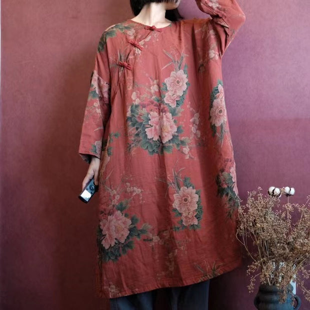 Plus-Size Cotton Vintage Print Causal  Dress