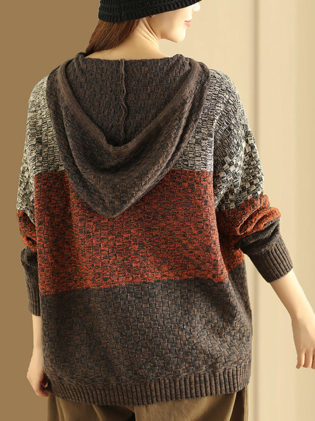 Women Winter Colorblock Jacquard Warm Hooded Sweater