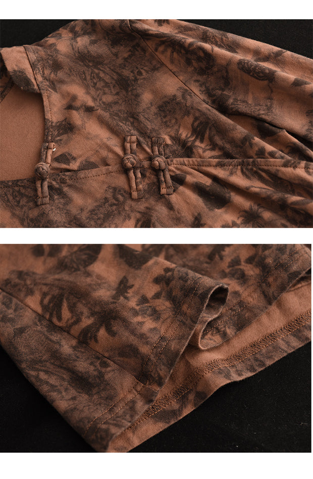 Autumn V-Neck Print Slant Placket Button Top