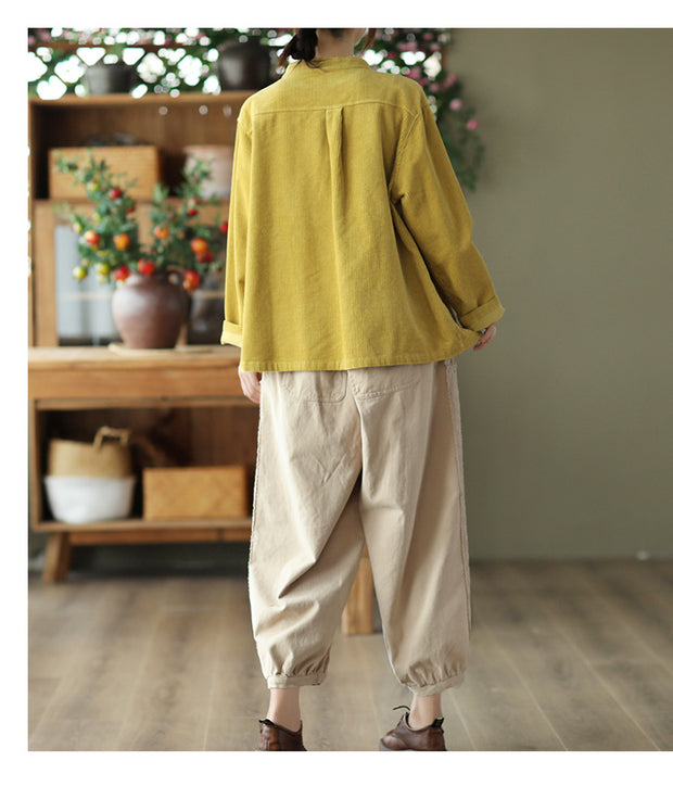 Women Solid Vintage Cotton Corduroy Coat