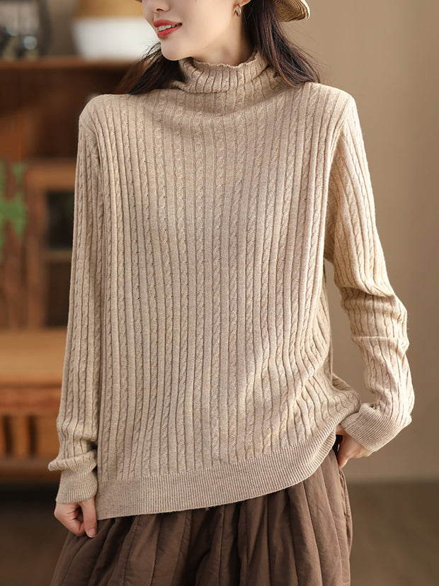 Women Autumn Solid Jacquard Turtleneck Wool Sweater