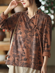 Autumn V-Neck Print Slant Placket Button Top