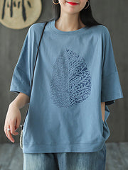 Plus Size - Leaf Printed Summer Half Sleeve Cotton T-shirt