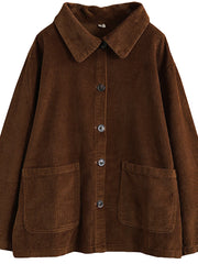 Plus Size Women Autumn Pure Color Pocket Corduroy Jacket