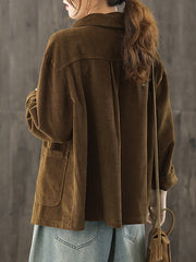 Plus Size Women Autumn Pure Color Pocket Corduroy Jacket