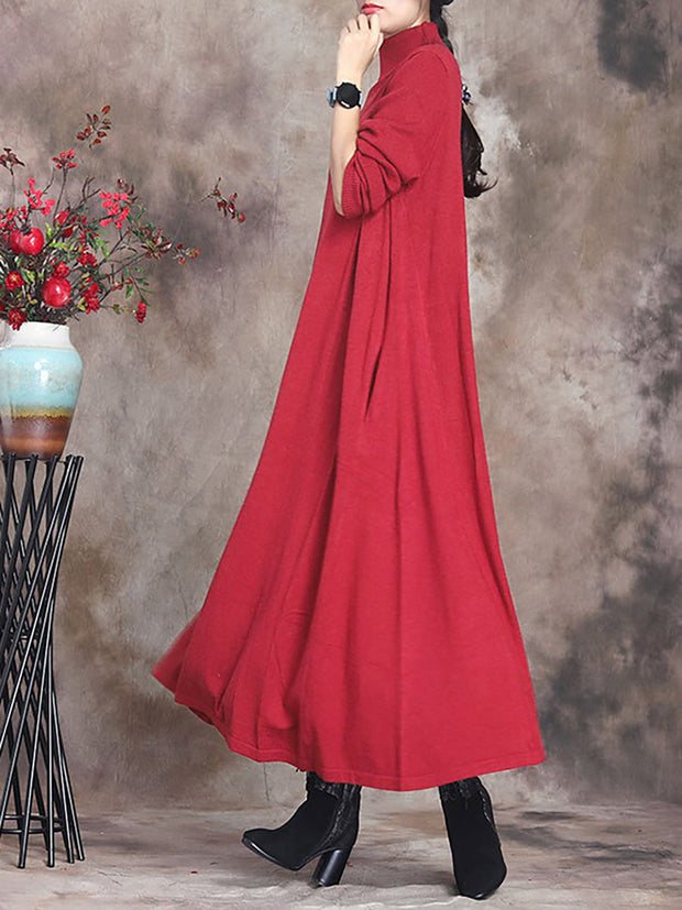 Plus Size Women Artsy Solid Turtleneck Maxi Dress