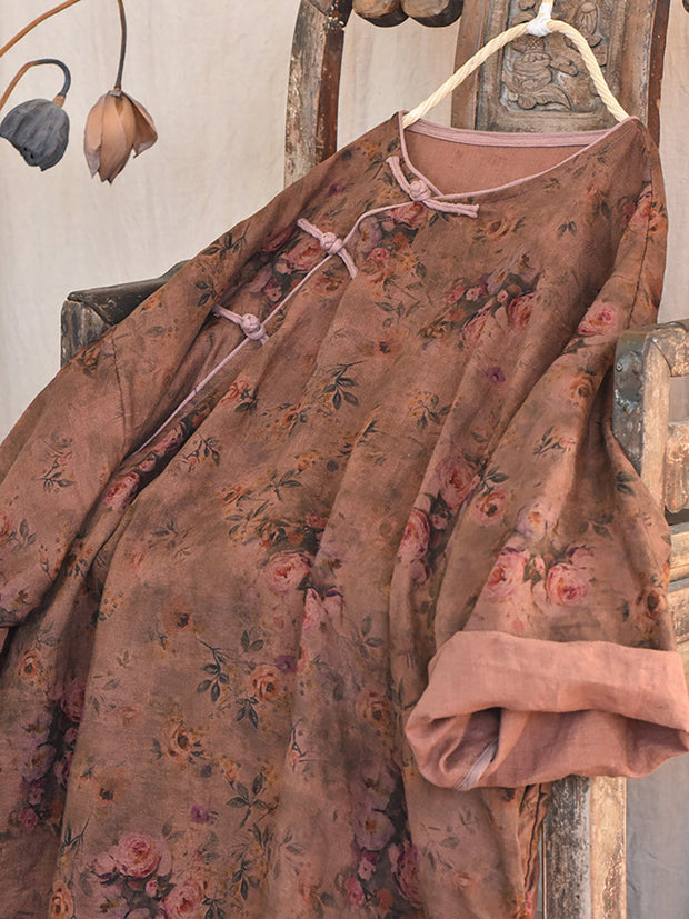 Plus Size Floral Autumn Vintage Linen Women Loose Dress