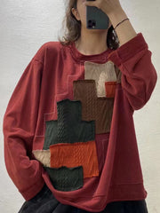 Plus Size Autumn Women Vintage Patchwork Loose Sweatshirt