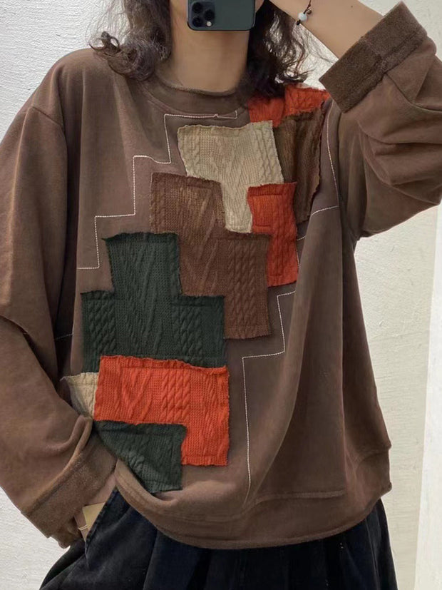 Plus Size Autumn Women Vintage Patchwork Loose Sweatshirt