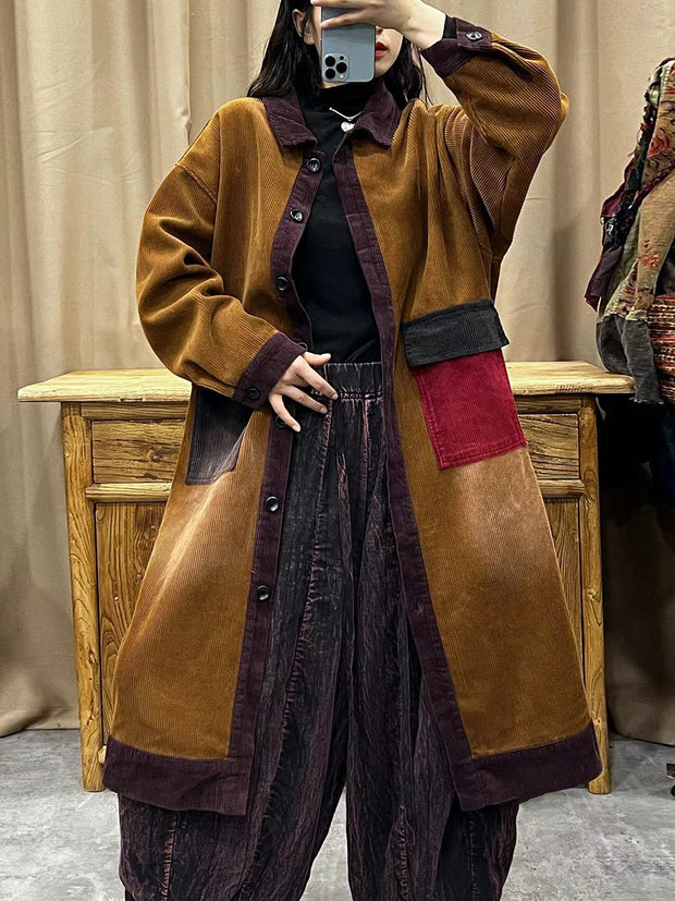 Women Autumn Fashion Colorblock Corduroy Long Coat