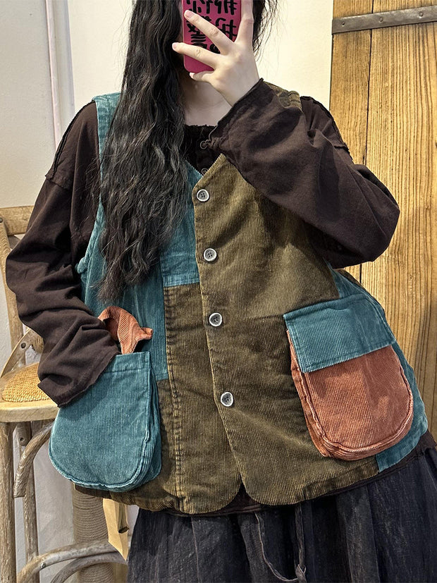 Women Vintage Autumn Colorblock Corduroy Vest