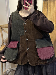 Women Vintage Autumn Colorblock Corduroy Vest