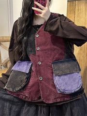 Women Vintage Autumn Colorblock Corduroy Vest