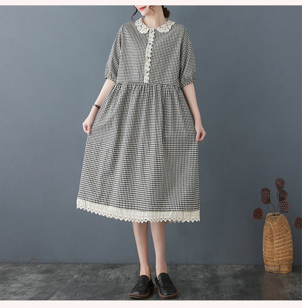 Summer Doll Collar Plaid Cotton Linen Dress