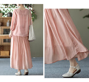 Spring Vintage Silk and Linen Elastic Waist Skirt