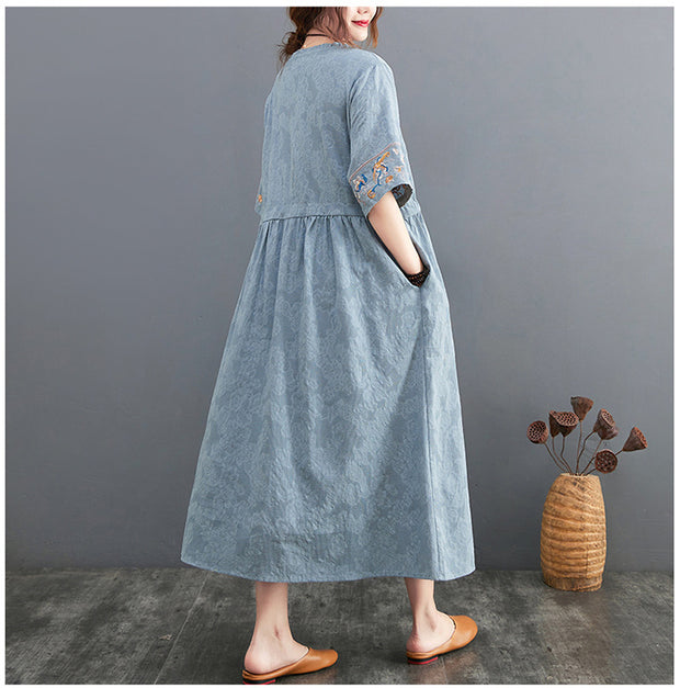 Summer Cotton Linen Embroidered V-neck Dress