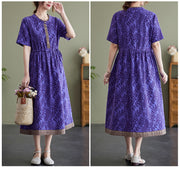 Summer Cotton  Linen Round Neck Print Short-Sleeved Dress