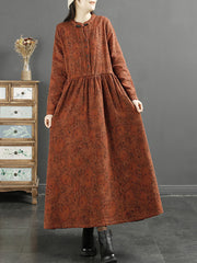 Plus Size Women Autumn Vintage Leaf Print Cotton Dress