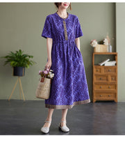 Summer Cotton  Linen Round Neck Print Short-Sleeved Dress