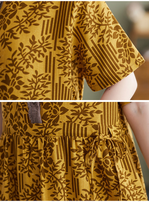 Summer Cotton  Linen Round Neck Print Short-Sleeved Dress