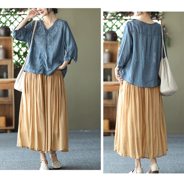 Spring Vintage Silk and Linen Elastic Waist Skirt