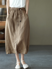 Summer Vintage Ramie Elastic Waist Skirt