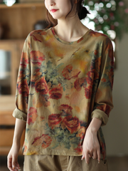 Women Autumn Vintage Print Pullover Loose T-Shirt