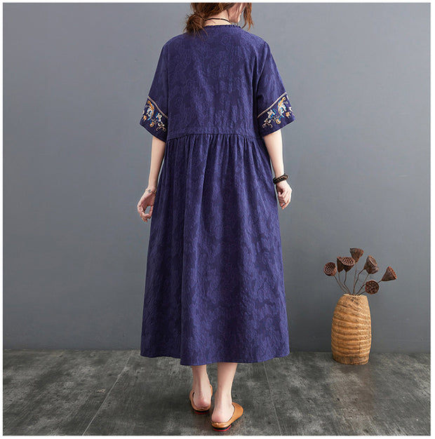 Summer Cotton Linen Embroidered V-neck Dress