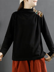 Plus Size Ethnic Patch Button Spliced Turtleneck Sweatshirt