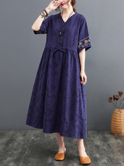 Summer Cotton Linen Embroidered V-neck Dress