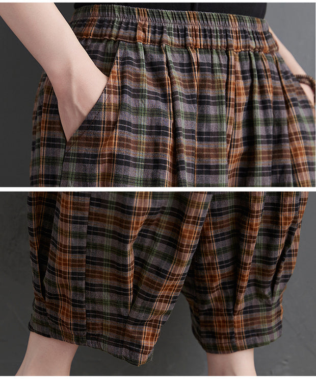 Women's Summer Plaid Cotton Linen Bloomers