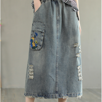 Women Summer Casual Distressed Pocket Embroidery Skirt