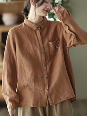 Women's Autumn Embroidered Linen Shirt Lapel Shirt