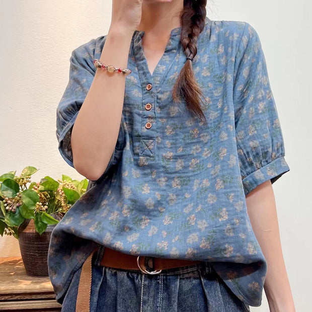 Women Summer Artsy Floral Button Loose Shirt