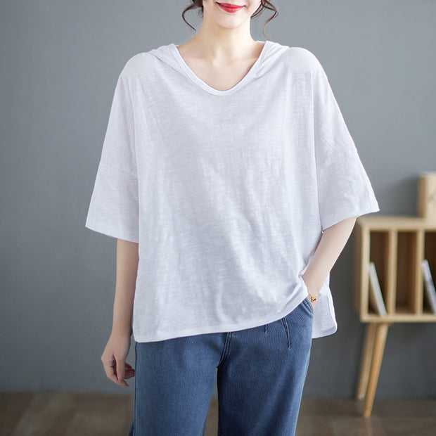 Women's Summer Solid Color Hooded V-neck T-shirt