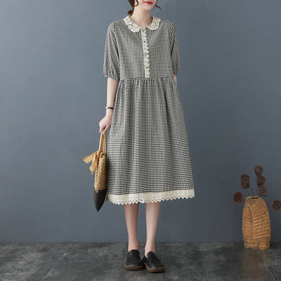 Summer Doll Collar Plaid Cotton Linen Dress