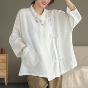 Spring Women's Slanted-Breasted Buckle Linen Top