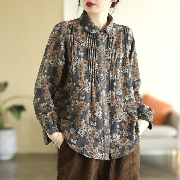 Spring Double Cotton Print Pleated Shirt