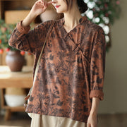 Autumn V-Neck Print Slant Placket Button Top