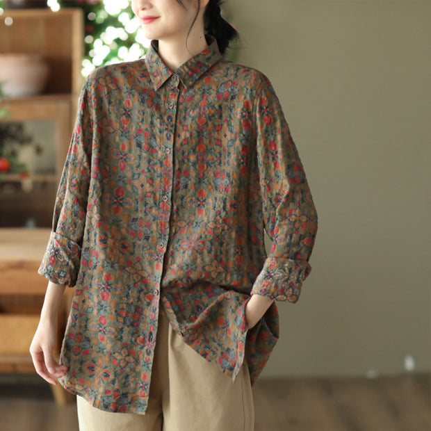 Spring Floral POLO Collar Cotton Linen Shirt