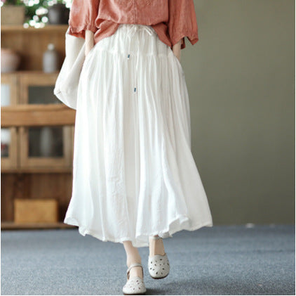 Spring Vintage Silk and Linen Elastic Waist Skirt