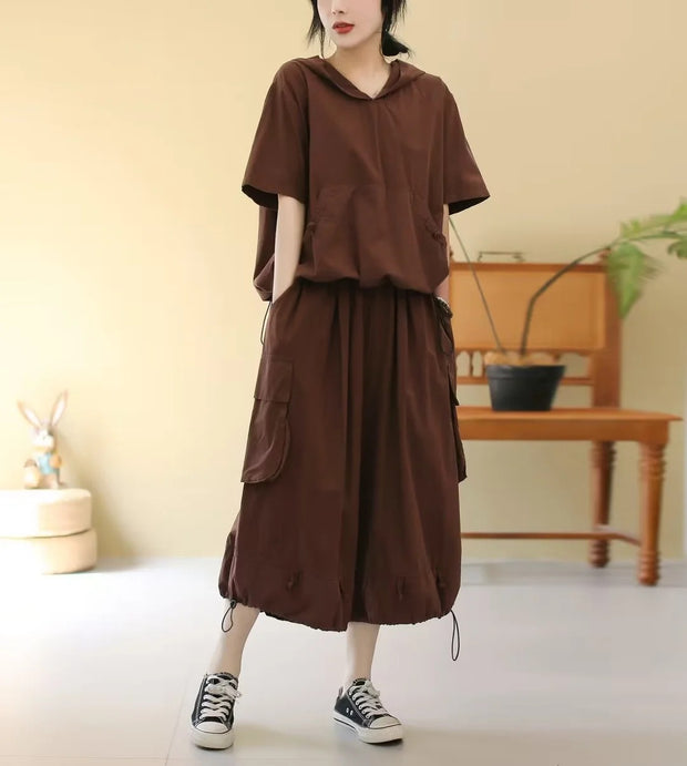 Summer Retro Hooded T-shirt Two-Piece Set