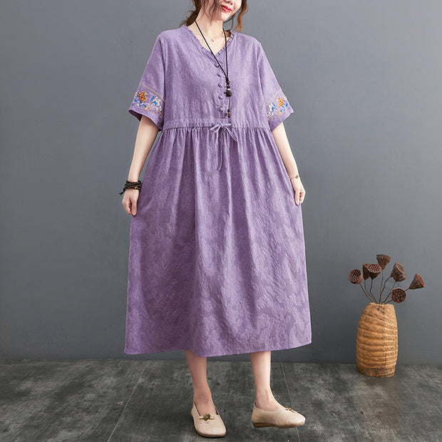 Summer Cotton Linen Embroidered V-neck Dress