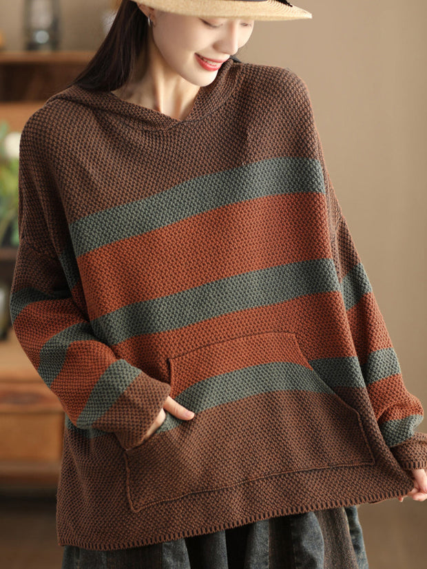 Women Vintage Spliced Knitted Pocket Hooded Sweater