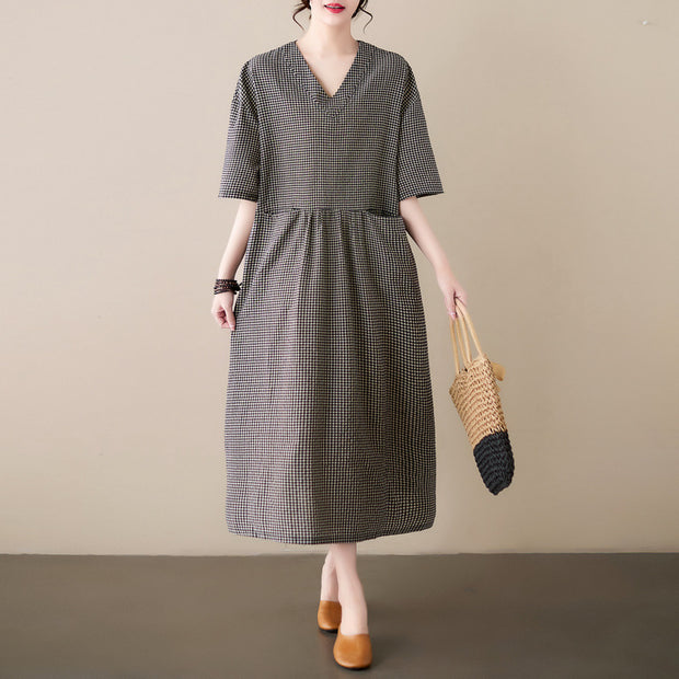Summer Linen Plaid V-neck Wide Dress