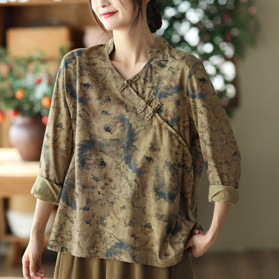 Autumn V-Neck Print Slant Placket Button Top