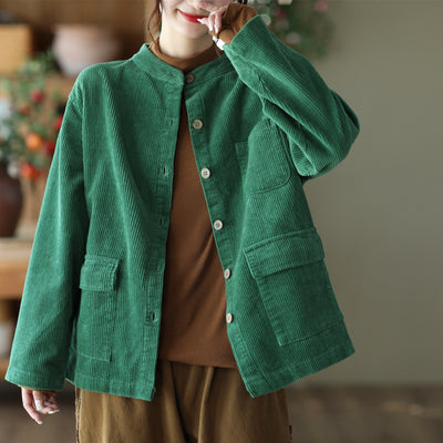 Women Solid Vintage Cotton Corduroy Coat