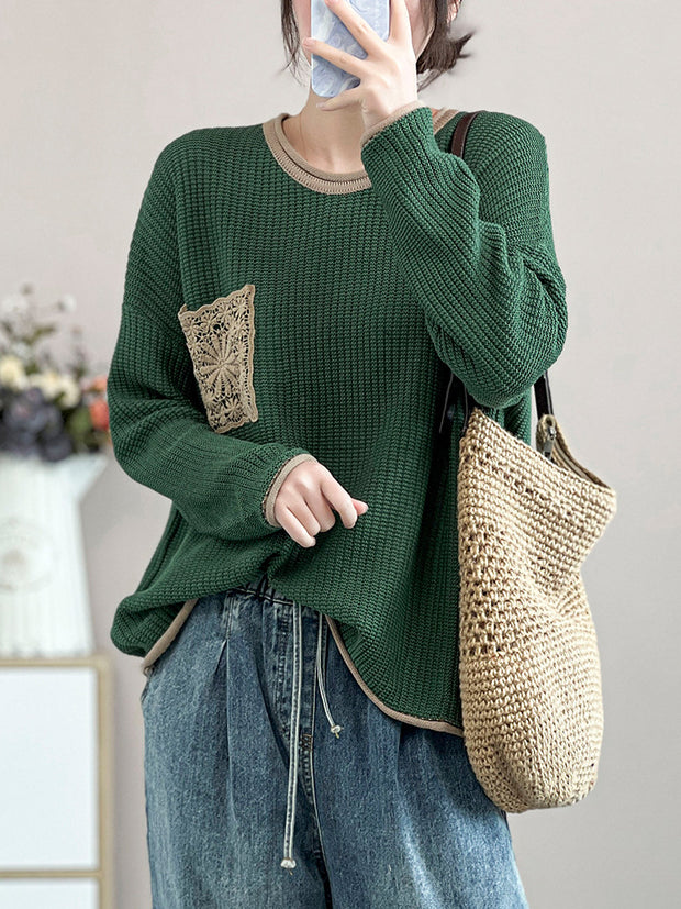 Women Artsy Spring Knitted Lace Patch Loose Sweater