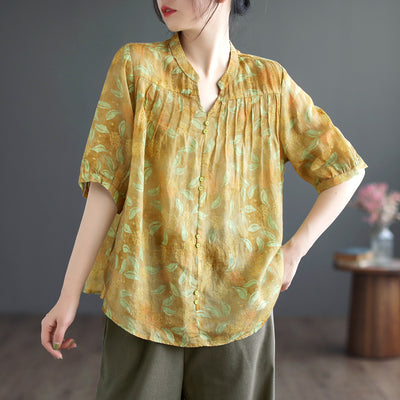 Summer Ramie V-Neck Accordion Shirt